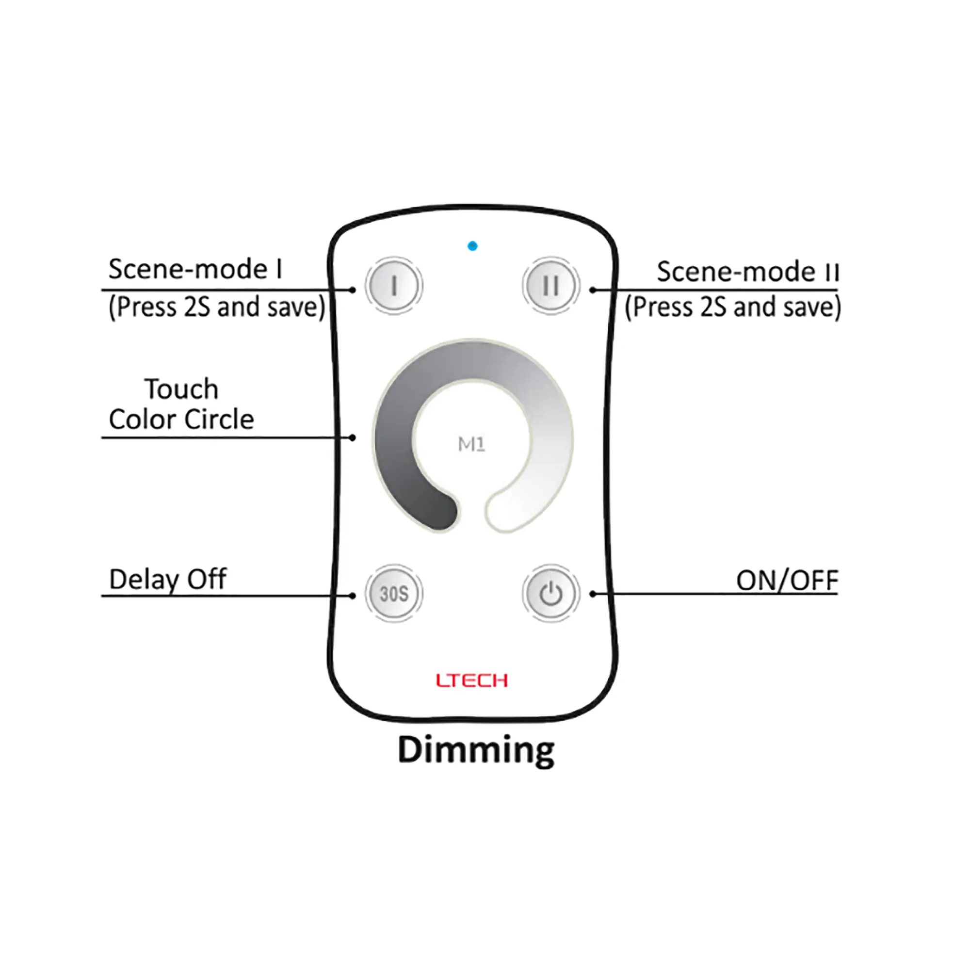 Dimming Remote Control 433MHz RF 3V CR2032, 40m range. M1  LTECH Remote Control